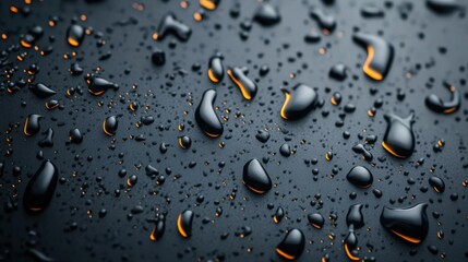 Poster - Close-up of numerous water droplets on dark reflective surface with subtle warm orange-gold glow highlighting edges of each droplet visually stunning view