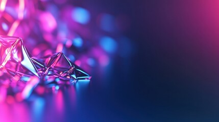 Poster - close-up view of geometric shapes reflecting vibrant pink and blue neon lights to create an abstract