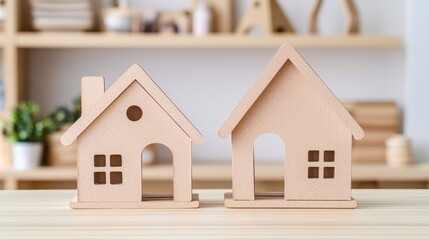 Poster - Two wooden house models are displayed on a wooden surface, with a neutral background featuring various decorative items, Sustainable Living.
