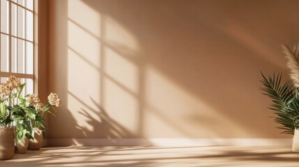 Poster - Sunlit minimalist interior featu beige walls, wooden floor, potted plants, and a window creating beautiful shadows in a serene atmosphere of tranquility