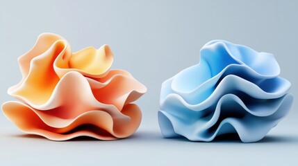 Poster - abstract three-dimensional forms in peach and light blue resembling soft coral or crumpled fabric on