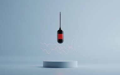 Poster - Red illuminated vintage microphone levitating above a white cylindrical platform against a light blue background.  Abstract red light particles surround the base