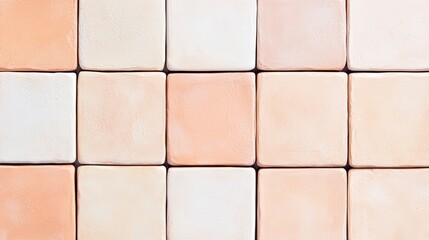 Poster - A close-up view of a tiled surface featuring peach and cream-colored squares arranged in a grid pattern, Sustainable Living.