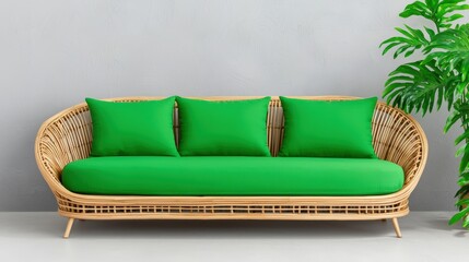 Poster - A modern rattan sofa with vibrant green cushions, set against a textured gray wall and accompanied by lush greenery, creating a stylish and inviting atmosphere, Sustainable Living.