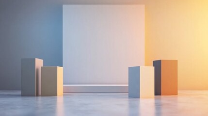Poster - Minimalist studio scene with large blank white s backdrop, white platform, and light beige, grey cubic display stands on polished floor surface