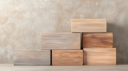 Poster - Simple stacked wooden blocks in various shades resting against a textured wall.