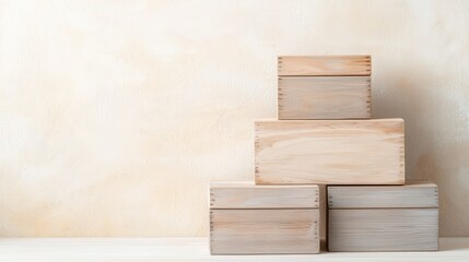 Poster - A stack of wooden boxes arranged in a minimalist style against a soft, textured background, showcasing natural materials and neutral colors.