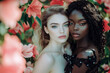 © larrui - Two stunning women embrace among blooming flowers, radiating beauty, elegance, and harmony in a dreamy, ethereal atmosphere