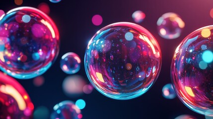 Poster - Vibrant Translucent Spheres Floating Against Dark Background Reflecting Colorful Bokeh Lights in Pink and Blue Hues for Modern Art Composition Ideas