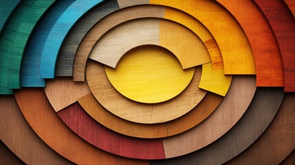 Poster - Abstract Concentric Circles in Stained Wood Tones of Deep Teal, Blue, Orange, and Brown Creating a Vibrant Circular Pattern of Colorful Design