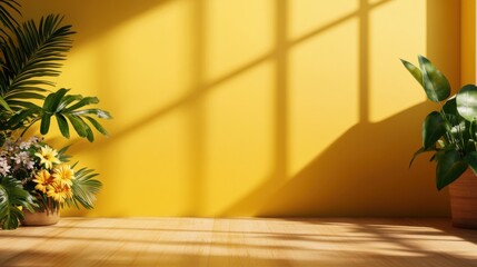 Poster - Sunlight Streaming Through a Window onto a Vibrant Yellow Wall Illuminates Potted Plants and Light Wood Floor with Beautiful Soft Shadows