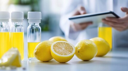Poster - scientists collaborating in bright laboratory with test tubes and lemons