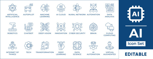 Aufkleber - Artificial intelligence line icon set featuring AI, automation, machine learning, neural networks, robotics, data science, cloud computing, deep learning, chatbots, and futuristic technology.
