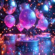 © Mister - Colorful indoor image with pink and blue balloons, glitter confetti, and colored lights The celebratory atmosphere suggests parties or birthdays - AI-Generated