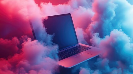 Poster - A modern laptop surrounded by colorful clouds, symbolizing technology and creativity in a digital environment