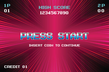 Fototapete - PRESS START INSERT A COIN TO CONTINUE .pixel art .8 bit game. retro game. for game assets .Retro Futurism Sci-Fi Background. glowing neon grid. and stars from vintage arcade computer games