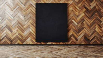 Poster - Large Blank Black s on Herbone Wood Wall and Matching Wood Floor Creating an Elegant Minimalist Design and Artistic Ambiance for Interiors