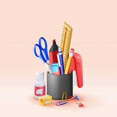 Poster - 3D pen holder office equipment set isolated. Render ruler, pencil, pen, eraser, stapler and scissors in cup. Study, school and education items. Office supply and stationery set. Vector illustration