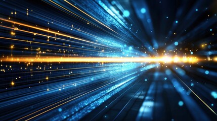 Aufkleber - Futuristic High-Speed Data Stream Light Tunnel Abstract Art with Blue and Orange Streaks Converging Towards a Bright Central Point in Dark Space