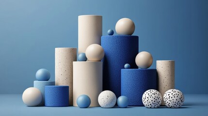 Poster - Minimalist Still Life of Off-White Spheres and Cylinders on Blue Background Creating a Calming Aesthetic for Contemporary Design Enthusiasts and Artists