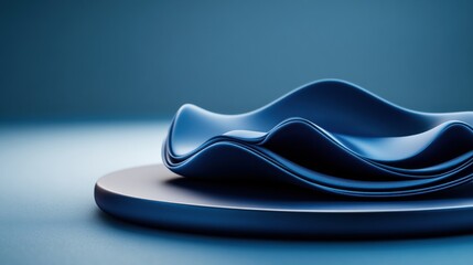 Poster - A dark blue, organically shaped object resembling layered fabric or liquid resting on a smaller circular platform against a muted background texture scene