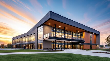 Poster - A modern building with large glass windows and wooden accents, set against a vibrant sunset sky and manicured lawn.