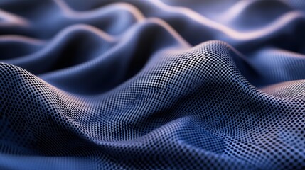 Poster - close-up of dark blue textured fabric with grid pattern draped in soft waves and light highlighting 