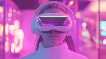 Aufkleber - Woman wearing a white shirt and white headphones is looking at a screen.