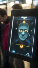 Poster - Travelers passing by futuristic facial recognition technology at an international airport