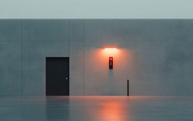 Poster - A dark gray concrete wall with a black door and an orange light fixture. The floor is reflective and shows the orange light