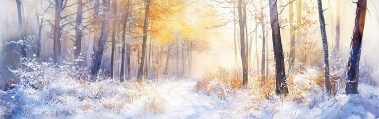 Poster - Winter landscape with golden light filtering through snow-covered trees in a tranquil forest setting