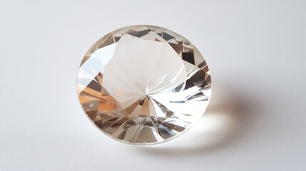 Poster - A sparkling, cut crystal diamond resting on a smooth white surface, reflecting light beautifully in a serene setting