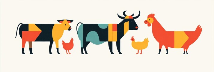 Fototapete - Minimalist geometric illustration showcasing cows pigs and chickens in vibrant colors Generative AI