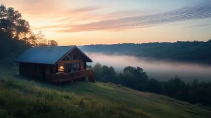 Poster - Rustic cabin overlooking misty valley at dawn offers a tranquil escape in nature's embrace