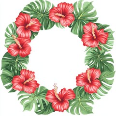 Aufkleber - Elegant tropical wreath featuring vibrant hibiscus flowers and lush green leaves for festive decor