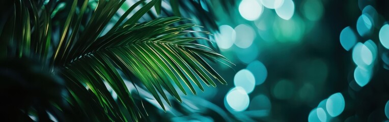 Aufkleber - Vibrant emerald and turquoise bokeh dances around lush green palm leaves in a tranquil setting
