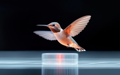 Poster - Hummingbird in flight above a glowing glass disc, dark background.  The small bird is detailed, wings spread. The image has a futuristic feel