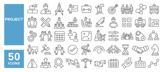 Set of 50 line icons related to project, production, engineers, process, workflow, founding, management, construction, plan design, business model, Editable stroke. Vector illustration
