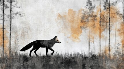 Poster - Abstract silhouette of a fox walking through a forest with trees and an atmospheric background during the dawn or dusk