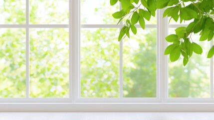 Poster - A bright, airy window scene featuring lush green leaves and a soft, blurred background that evokes a sense of tranquility and nature, Sustainable Living.