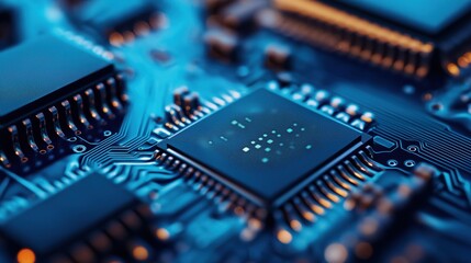 Poster - Close-up of electronic microchip on a luminous circuit board with detailed connections
