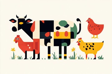 Aufkleber - Minimalist geometric illustration featuring cows, pigs, and chickens in vibrant colors for a modern design aesthetic Generative AI