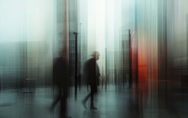 Poster - Abstract urban scene with blurred figures walking through a city street.  Cool toned colors and a hazy atmosphere create a moody, contemplative mood. Motion blur suggests movement and activity