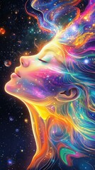 Fototapete - Vibrant visualization of a woman's face in cosmic colors against a starry background