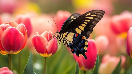 Aufkleber - Vibrant black-and-yellow butterfly resting on pink tulips in a spring garden