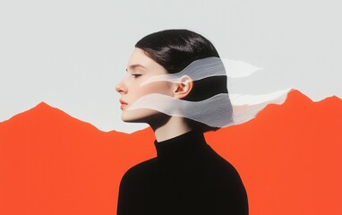 Poster - Profile view of a young woman with short dark hair, wearing a black turtleneck, against a vibrant orange and gray background.  A textured, white, net-like element flows through her hair, creating a