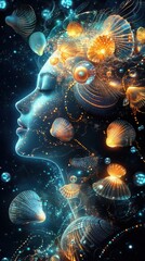 Aufkleber - Surreal representation of a glowing woman surrounded by luminous shells and aquatic elements at twilight