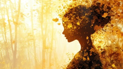 Poster - Surreal representation of a glowing woman among autumn leaves in a mystical forest at dawn