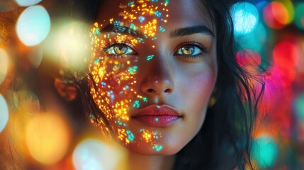 Poster - Surreal portrait of a woman's face illuminated by vibrant colors and intricate patterns in a dreamlike atmosphere