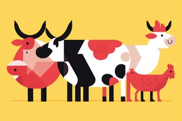 Aufkleber - Geometric design featuring cows, pigs, and chickens in vibrant colors for modern farm decoration Generative AI